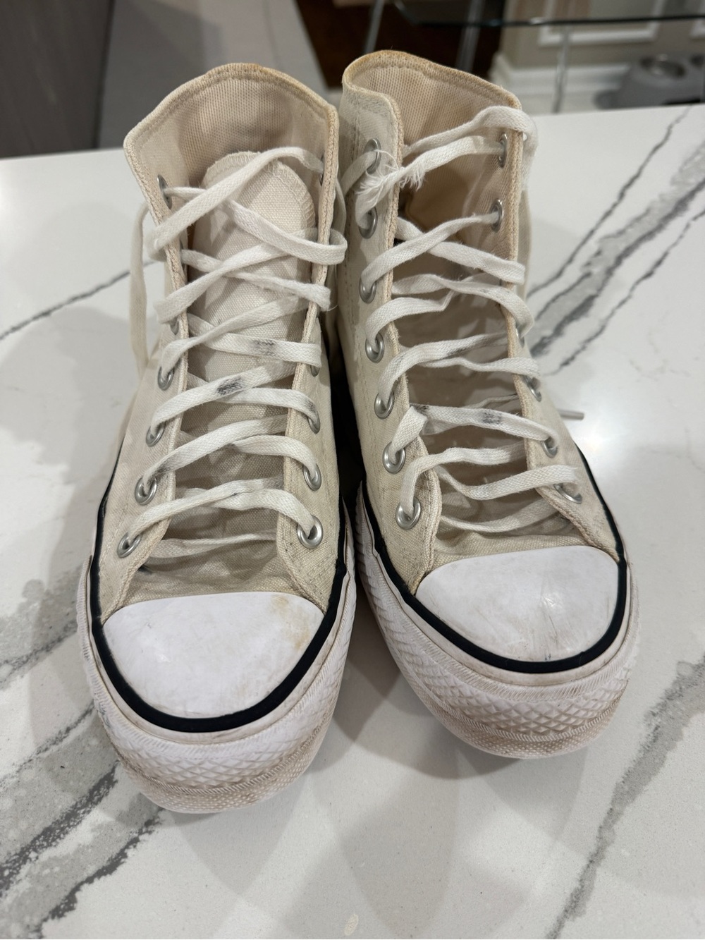 Converse High-Top Canvas Sneakers in Cream with Black Trim